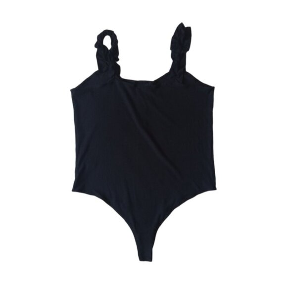 Full Circle Trends Plus Size Solid Black Ribbed Ruffle Strap Bodysuit Women's 2X - Picture 2 of 12